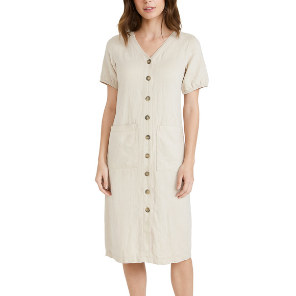Lou & Grey Dresses & Skirts - NWT Lou & Grey 100% Linen Dress Midi Maxi SS Tan Beige Button Front Size XXS